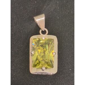 Mexican 925 Sterling Silver Pendant Large Green Peridot Modernist Square